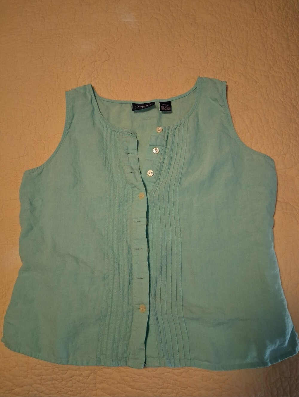 Liz Claiborne Lizsport Light Aqua Green Sleeveless Pintuck Linen Top, Size 12